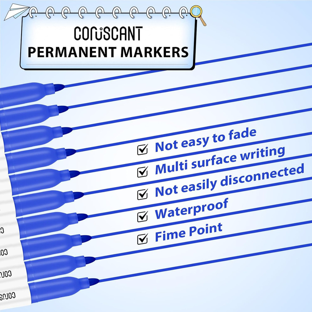 Blue Permanent Marker Fine Point, 18 Pack Quickly Drying, Waterproof, Smudge-Pro