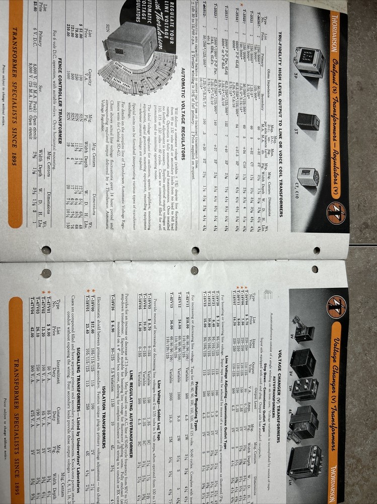 TRANSFORMERS BY THORDARSON COMPLETE CAT. NO 400-FX 1942 & COMPARISON DATA JB61