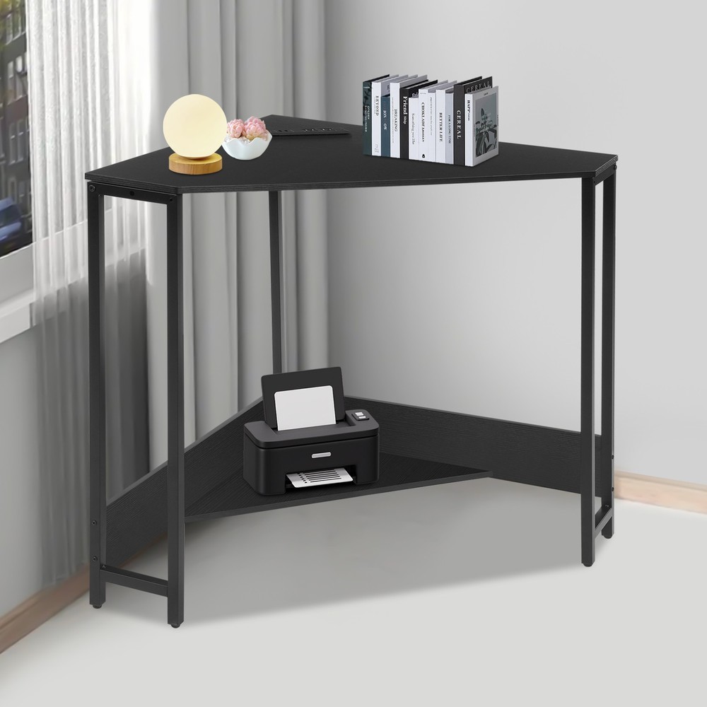 Triangular Corner Desk, Small Desk with Outlets, Free Standing Corner Table