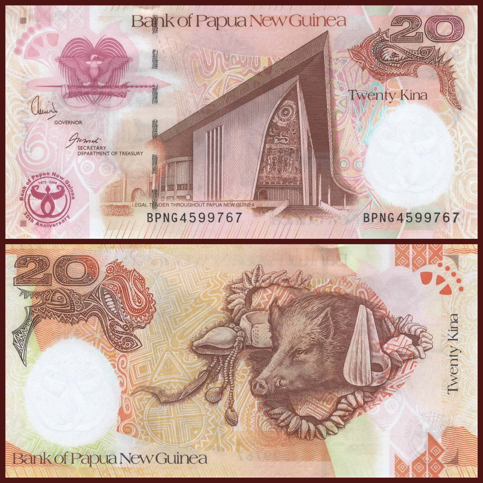 Papua New Guinea 20 Kina Banknote P-36 2008 Commemorative Uncirculated Currency