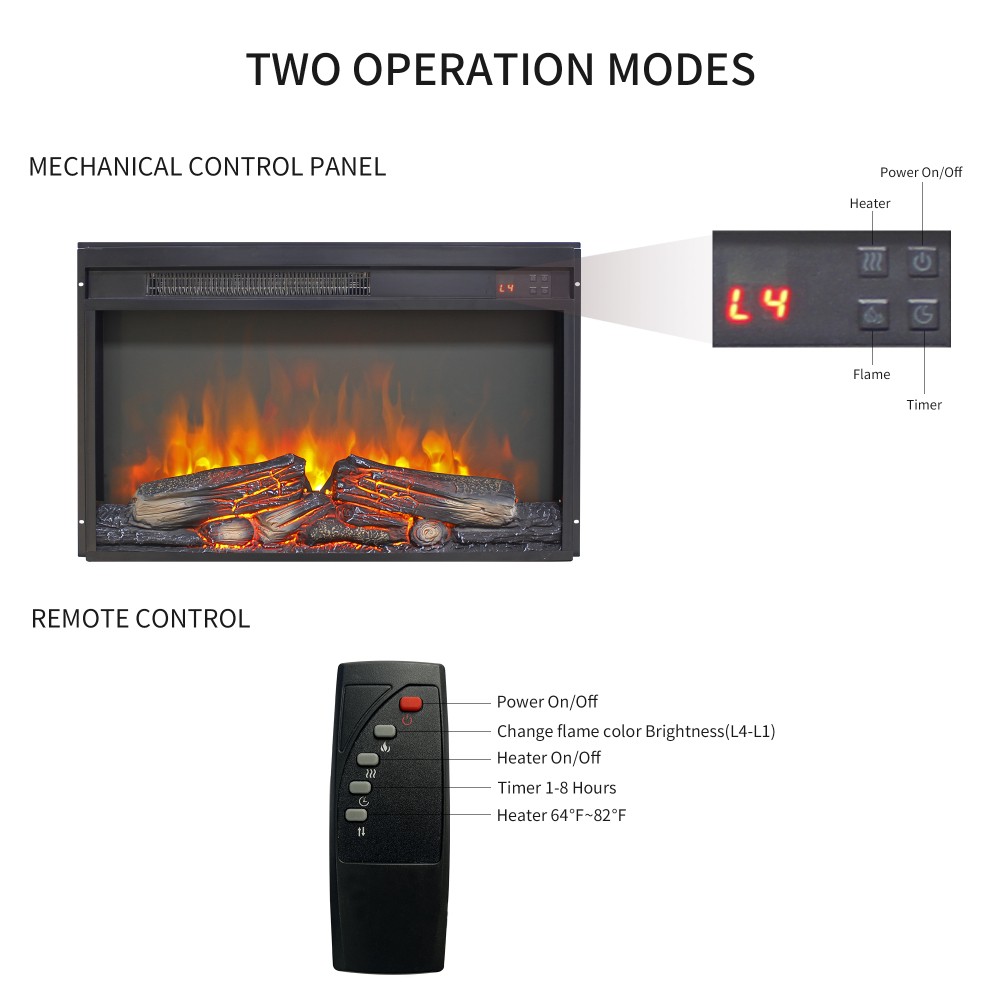 Fireplace with log set Features flame effect Timer function Overheat protection