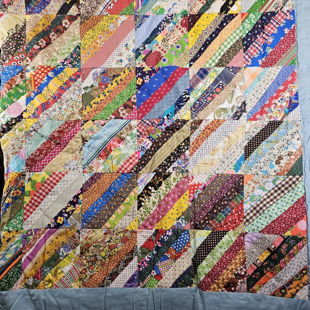 VTG Crazy String Pattern Scrap Handmade Quilt NOS Colorful Patchwork 84x92