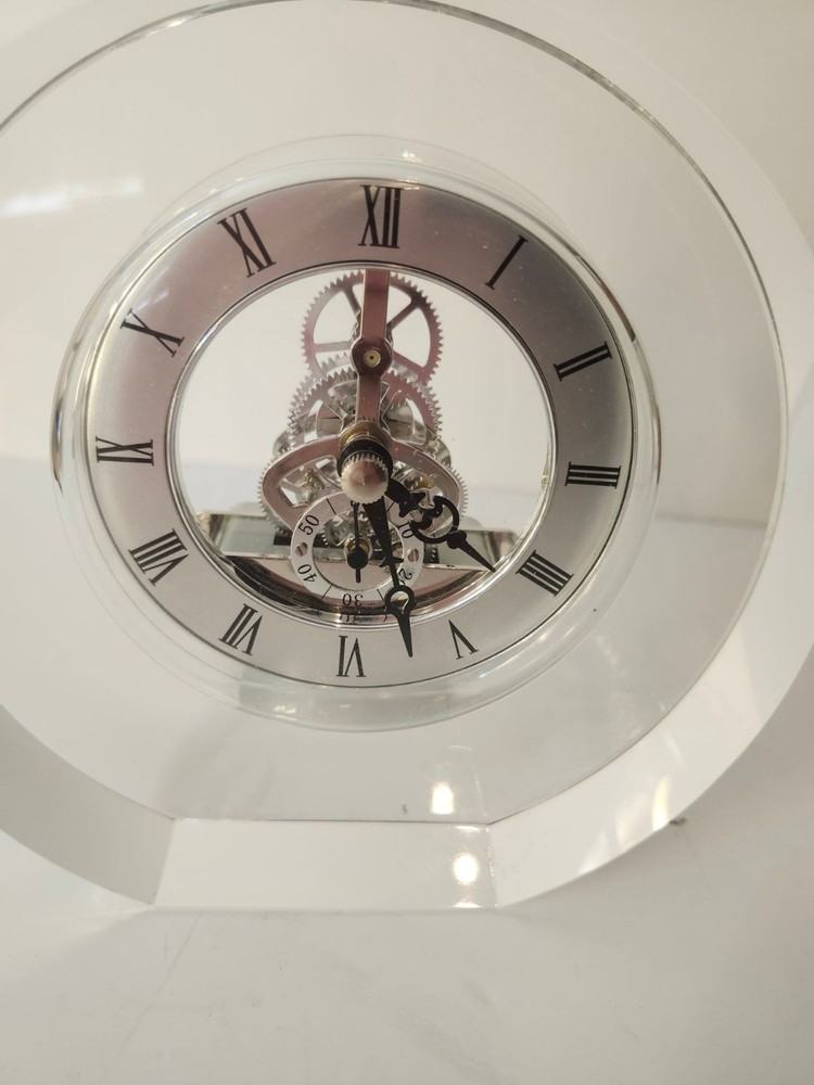 Crystal Desk Clock With Roman Numerals & Exposed Silver Gears Elegant & Function