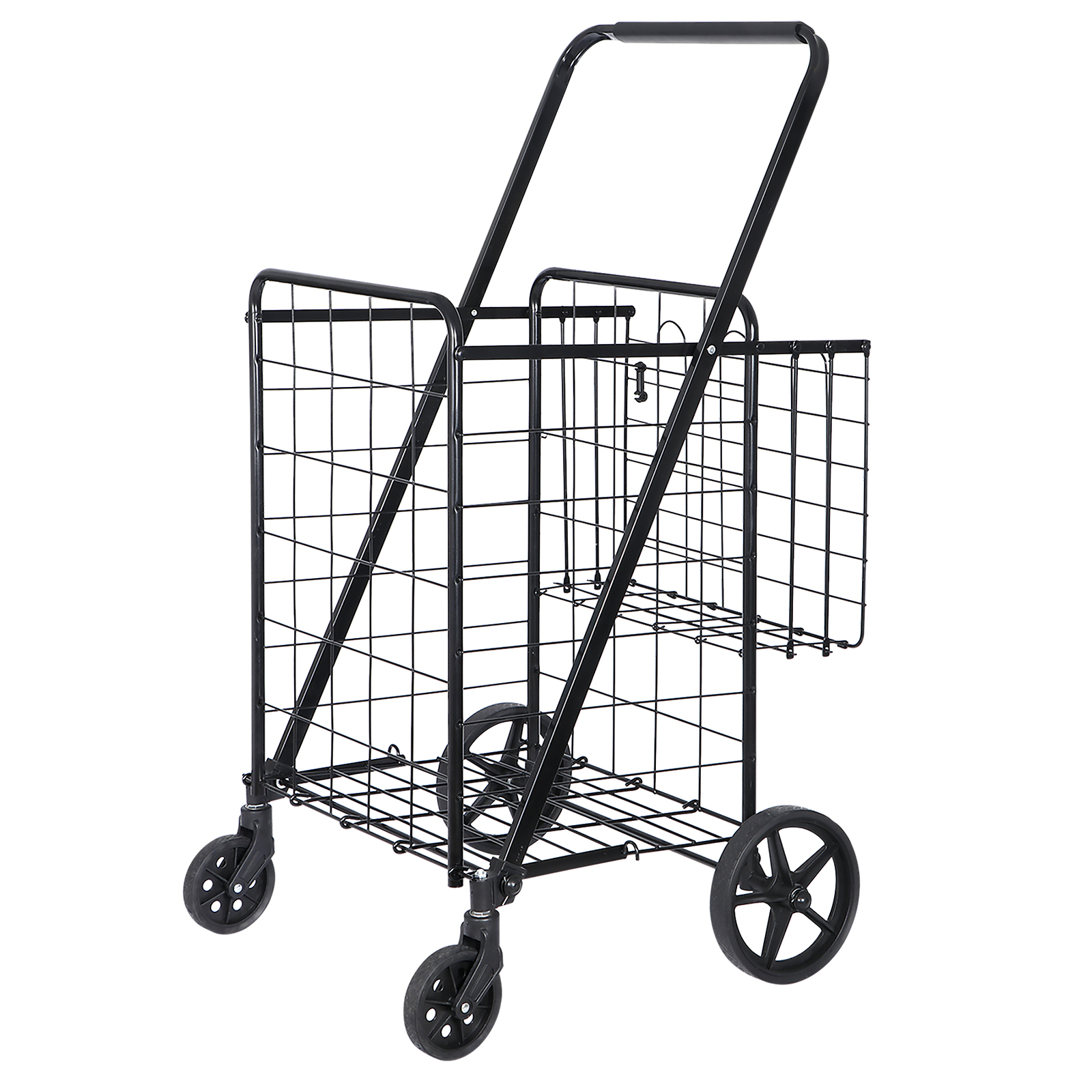 Portable Folding Shopping Cart Double Basket for Grocery Laundry W/Wheels Black
