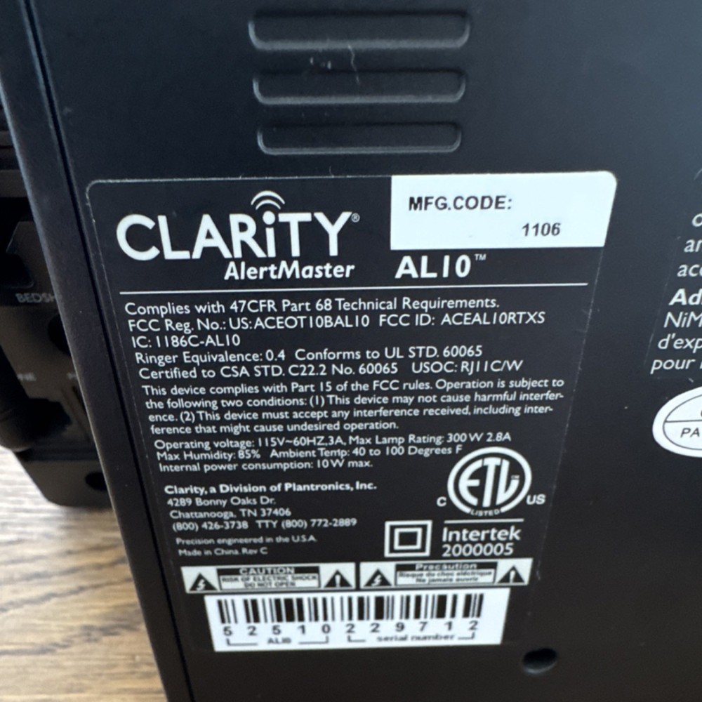 Clarity AlertMaster AL10 Digital Alarm Clock Black Rectangular Snooze Dimmer