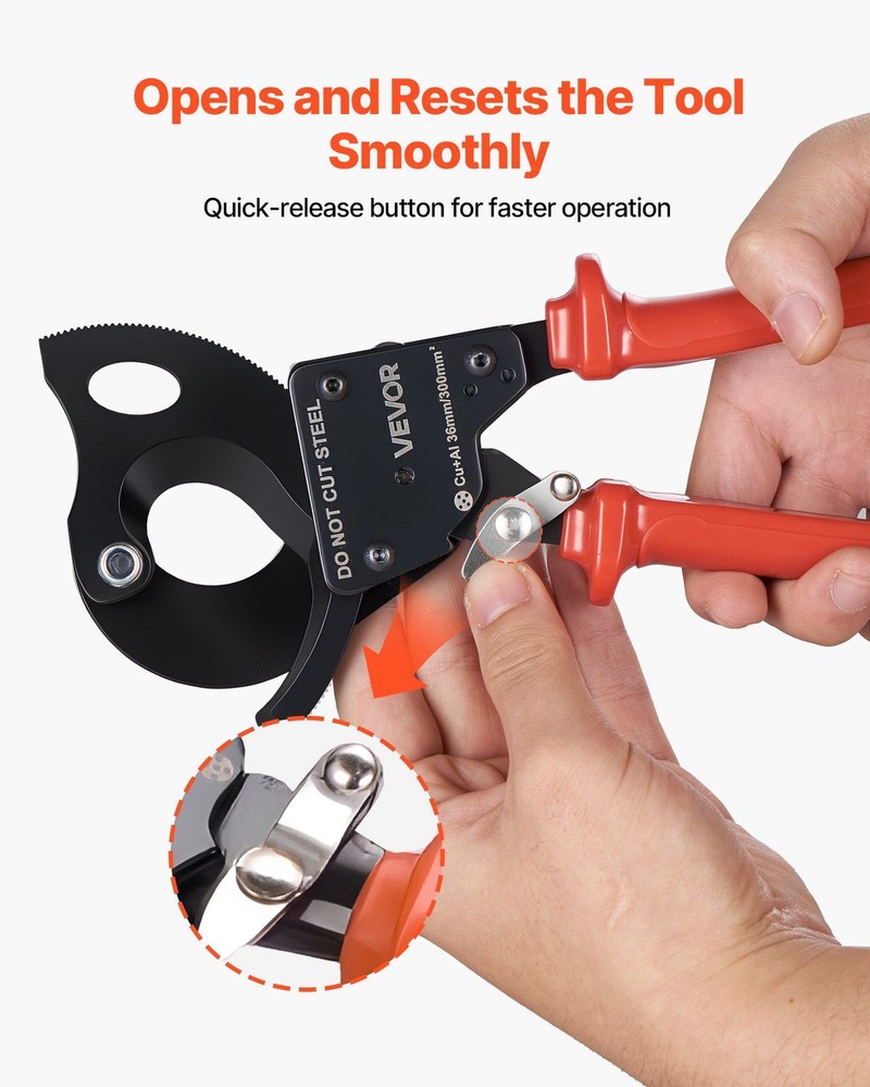 Spring Steel Ratcheting Cable Cutter with PVC Handles & Quick-Release Button