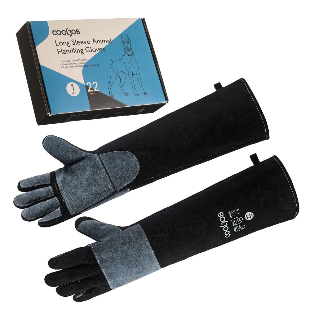 Cowhide Split Leather Bite Proof Gloves for Animal Handling, Reinforced Thorn...