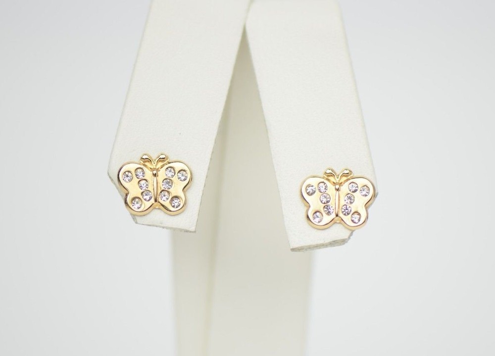 14K Solid Yellow Gold Butterfly Stud Earring with CZ