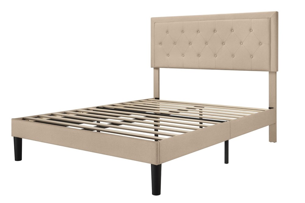 Queen Size Button Tufted/Fabric Upholstered Bed Frame with Adjustable Headboa...