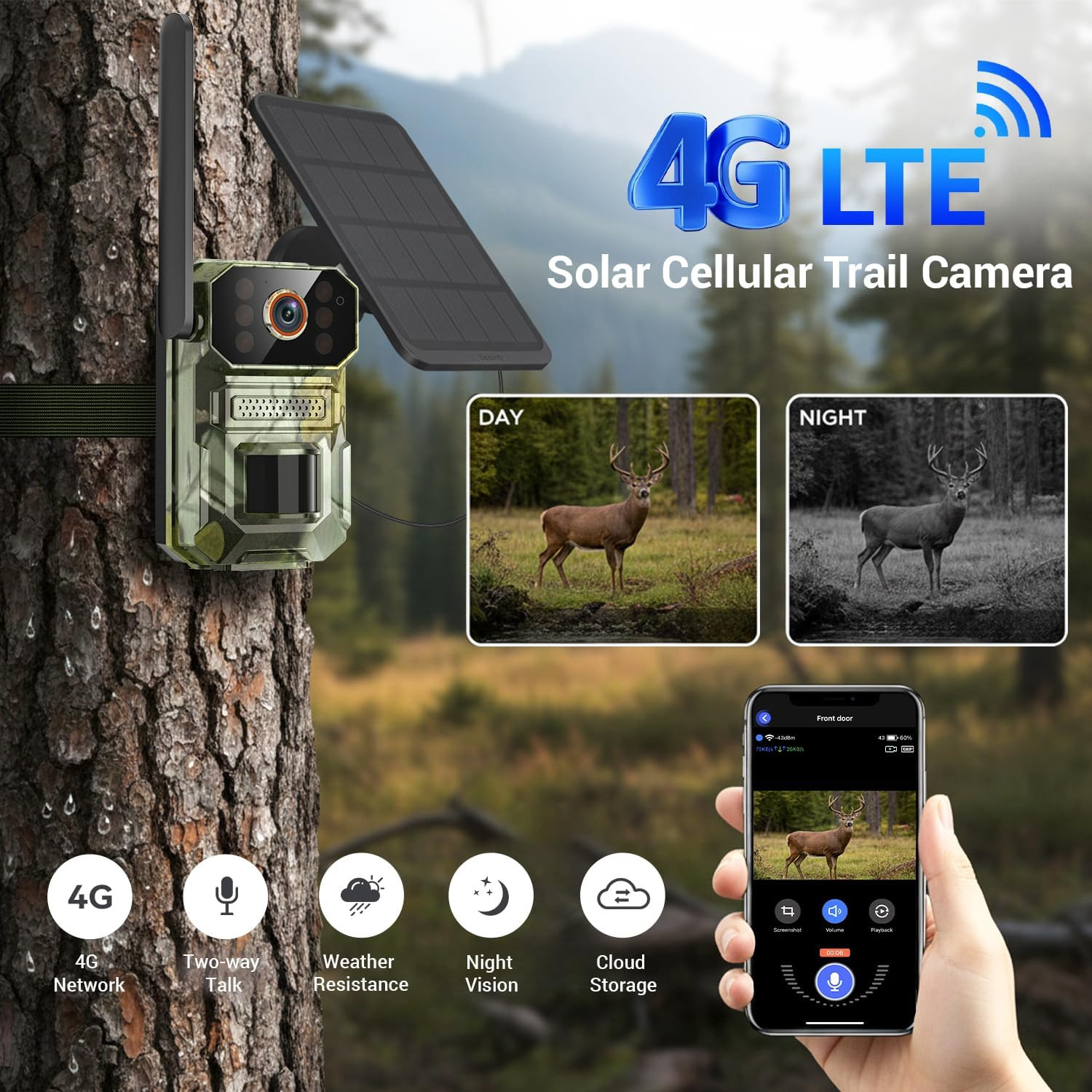4G LTE Cellular Trail Camera with Solar Panel, 1080P Full HD Game Cameras, Live