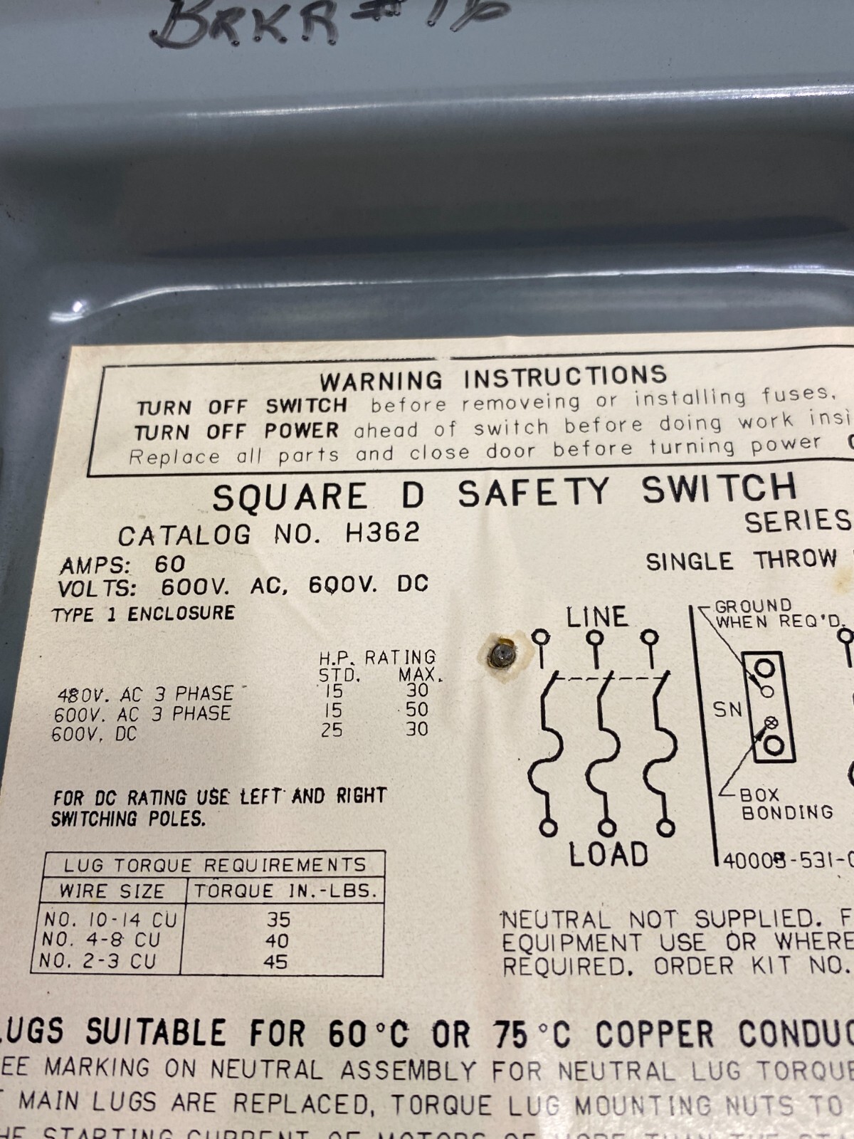 Square D H362 Heavy Duty Safety Disconnect Switch 3-Pole 60A 600VAC
