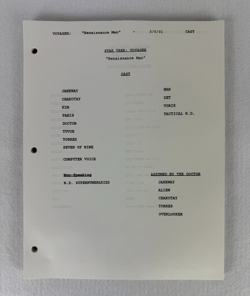 Star Trek Voyager “Renaissance Man” Final Draft Studio Script 03/05/2001