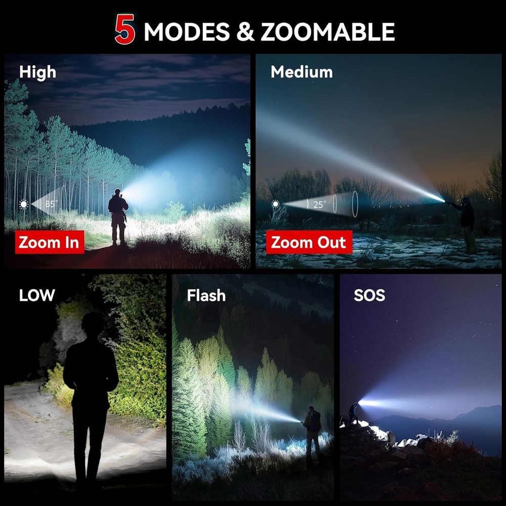 2 LED Flashlights Tactical Super Bright Zoomable Waterproof 5 Modes Torch Work