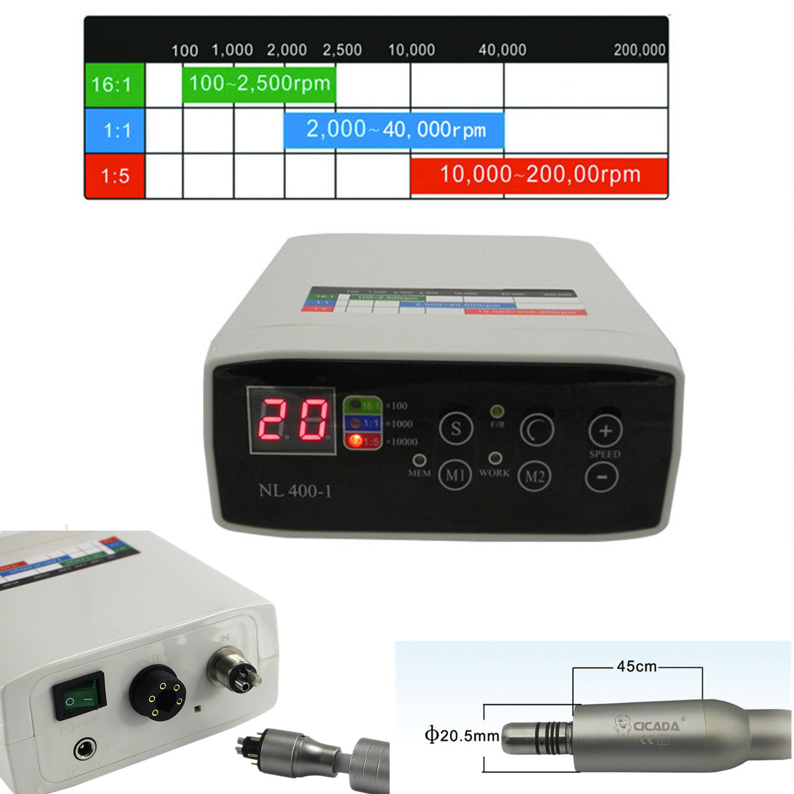 CICADA NL400 Dental Brushless LED Motor For 1:5/1:1 Handpiece Contra Angle