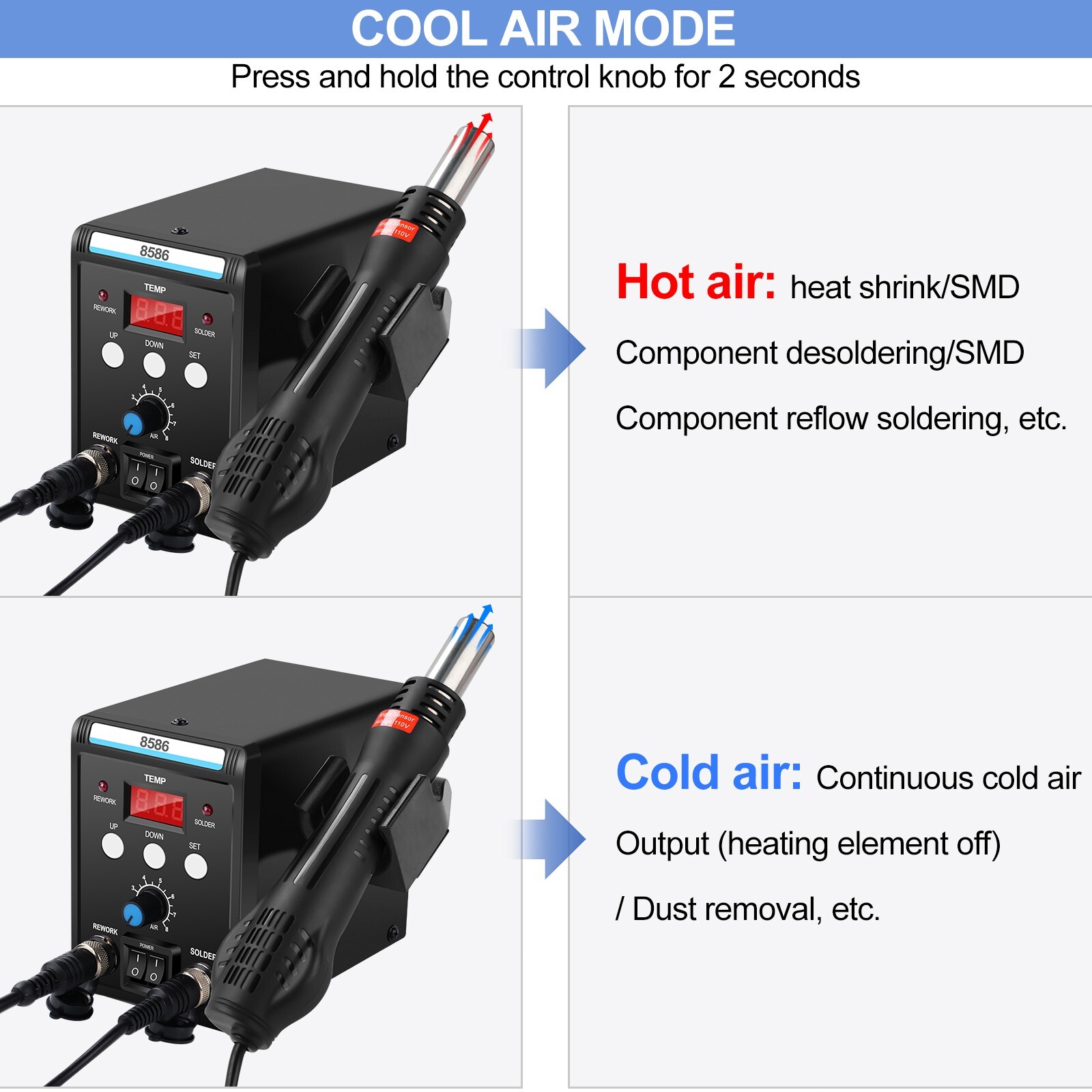 2-in-1 Rework Soldering Station 8586 Hot Air Gun Solder Iron Repair Tool 110V US