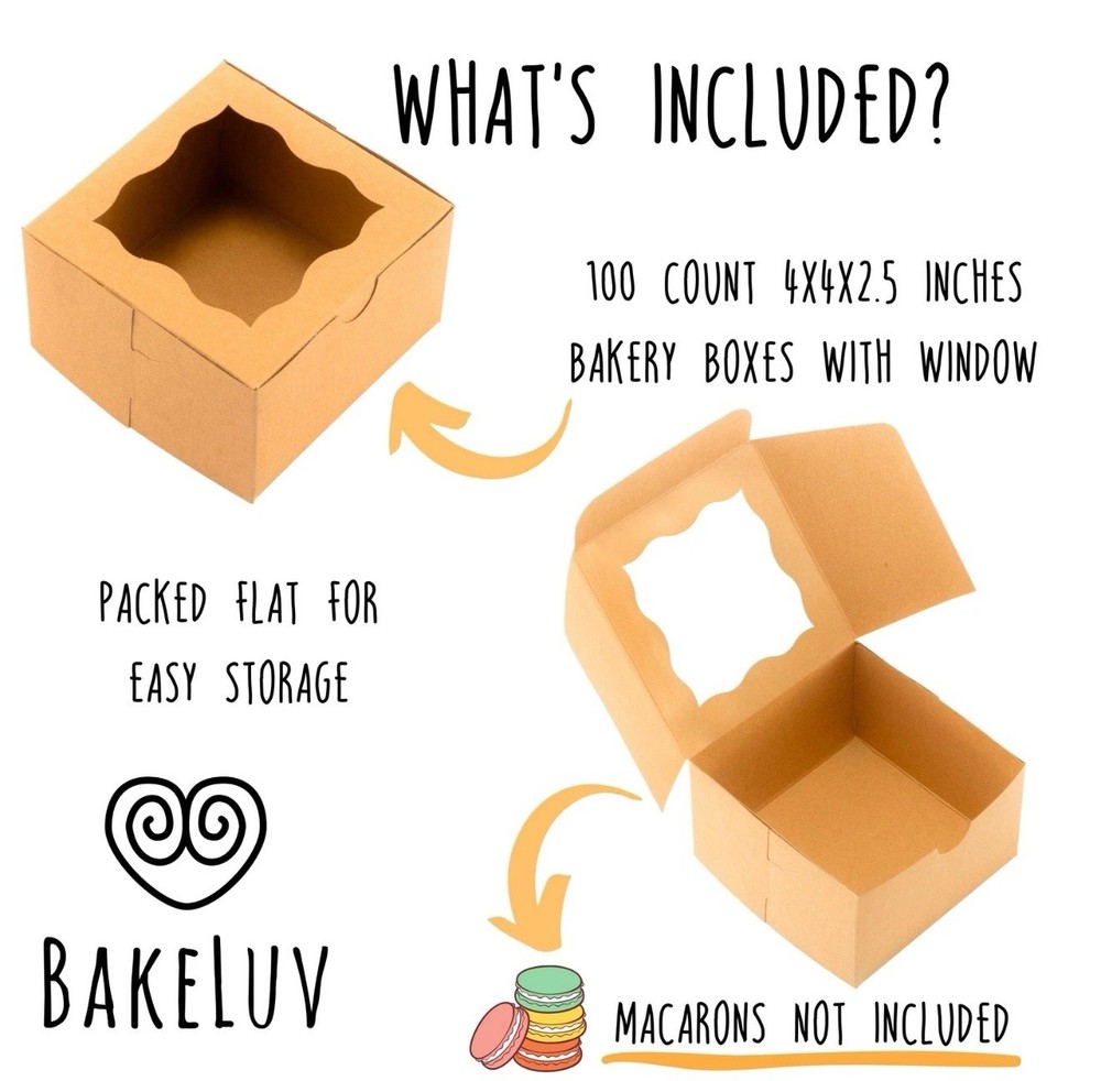 100 Pcs 4x4x2.5" Brown Bakery Boxes Window Mini Cake Pastry Boxes