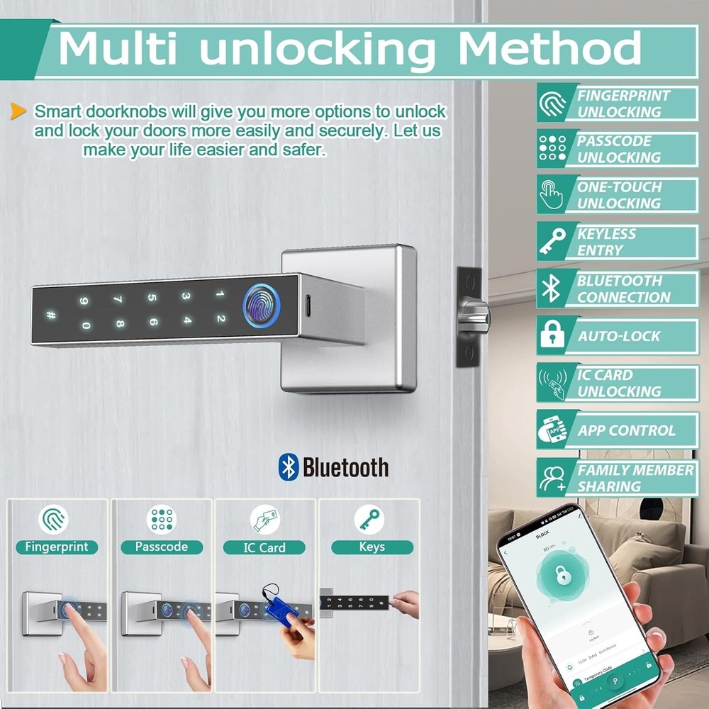 Fingerprint Door Lock Keyless Entry Door Lock with Handle, Smart Bluetooth