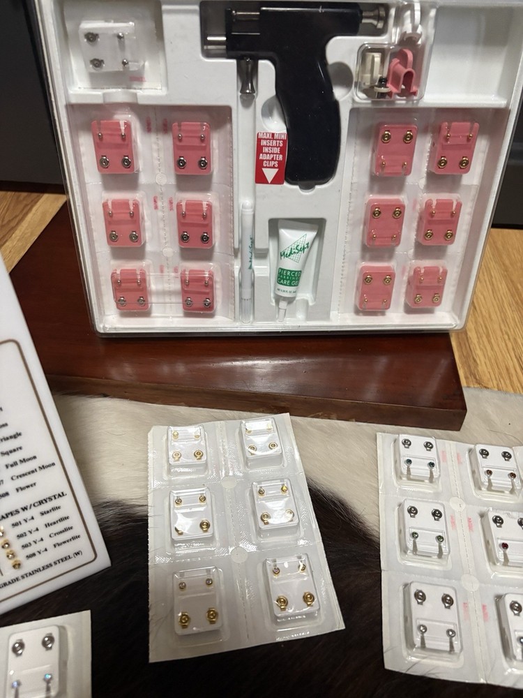 Vintage Studex Universal Ear Piercing Kit + 40+ Starter Stud Earrings & Display