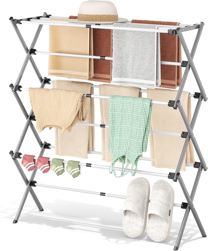 Stylish White/Grey Laundry Drying Rack: Foldable & Expandable for Versatile Use