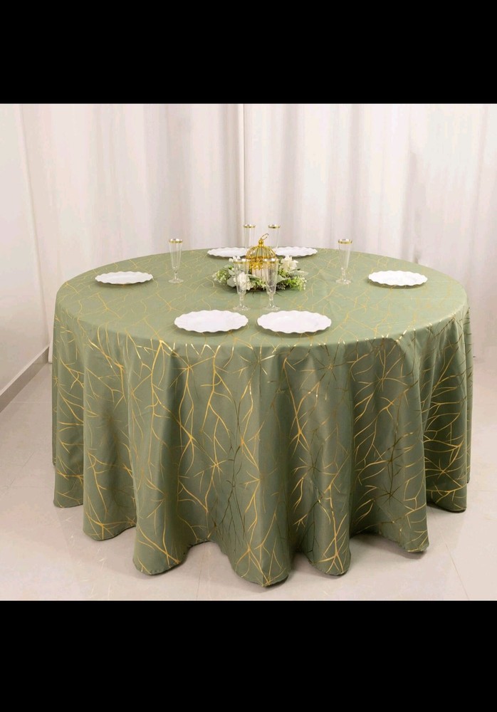 Dusty Sage Green Round 120" Polyester Tablecloth With Golf Foil Tree Pattern