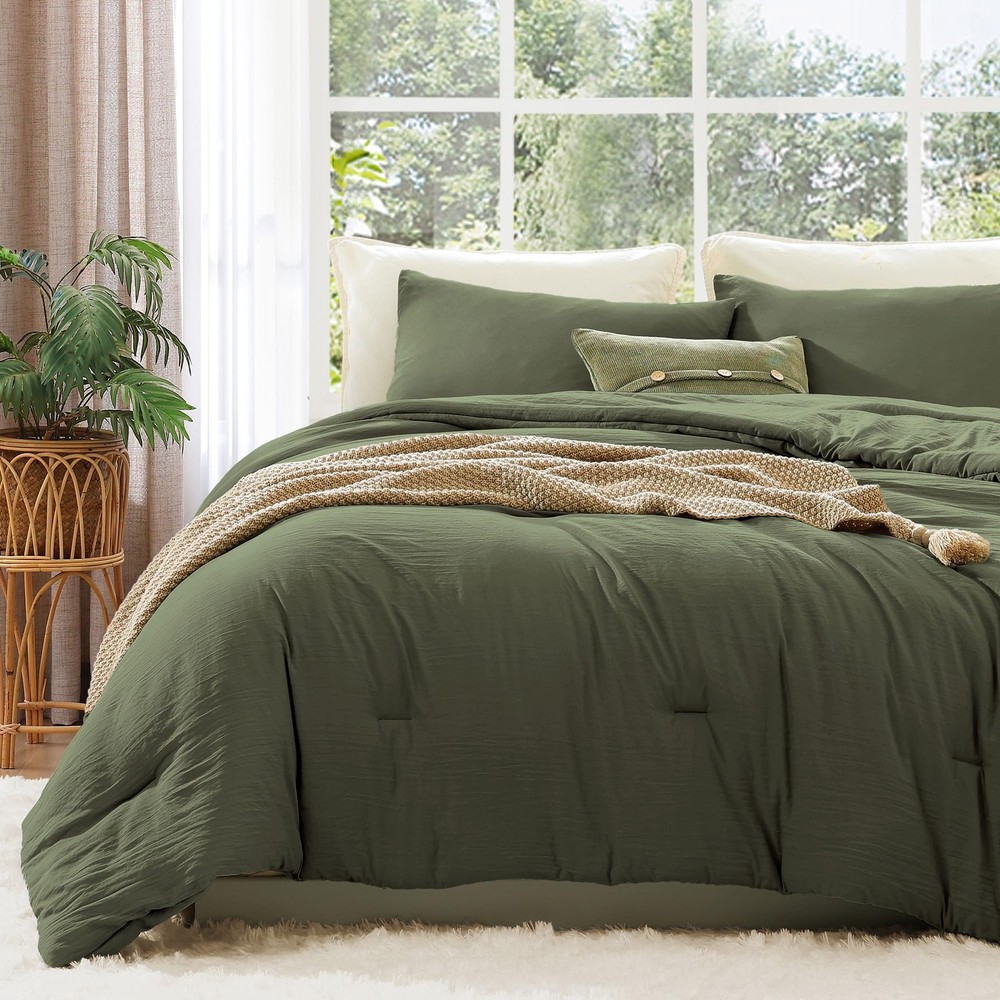 Queen Comforter Set - 3 Pieces Prewashed Olive Green Comforter Soft Lightweig...