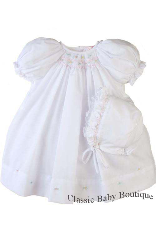 NWT Petit Ami White Multi Smocked Daygown 2PC Preemie Baby Girls Bishop Dress