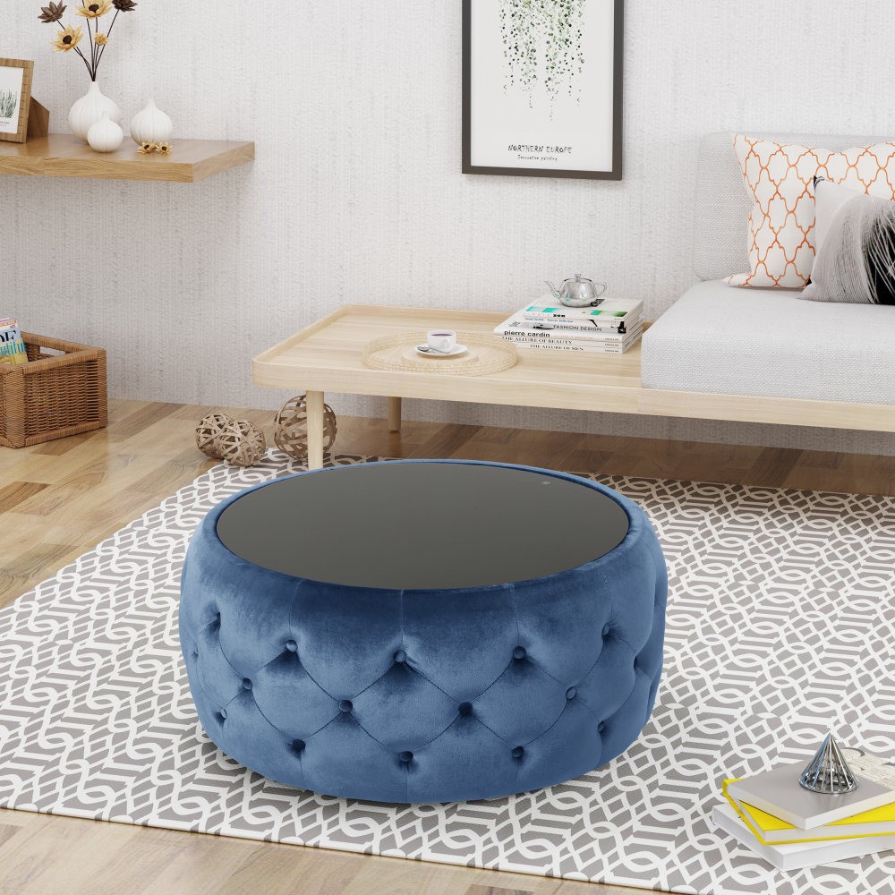 Coffee Table Cluster-Stitch Diamond Pattern With Tempered Glass Top