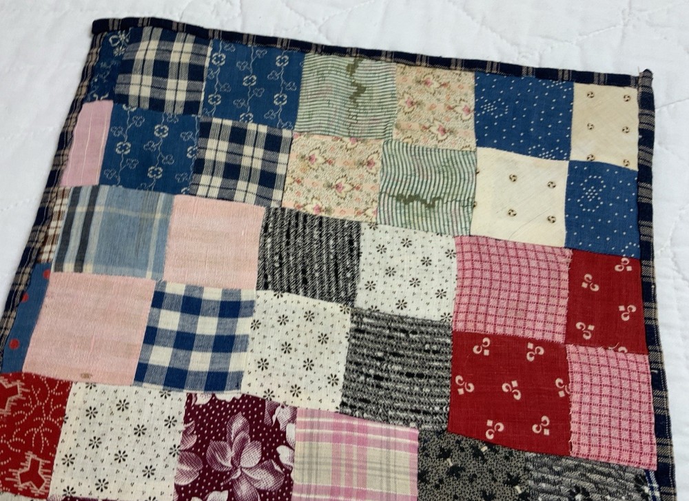 Antique Patchwork Quilt Table Topper, Rectangle, Four Patch, Early Calico Prints