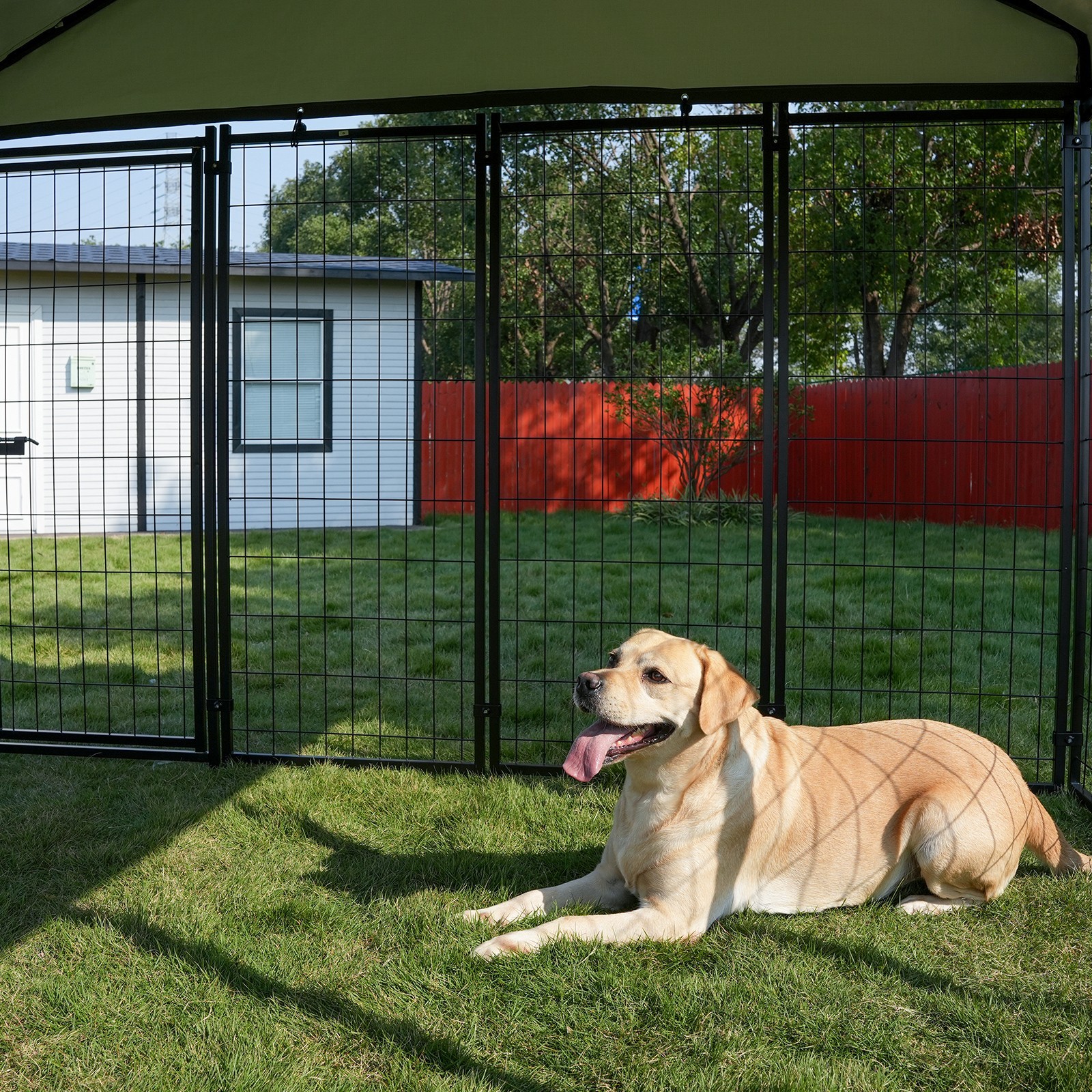 Large Outdoor Dog Cage Fence Dog Playpen Puppy Run with Roof, Double Entry Doors