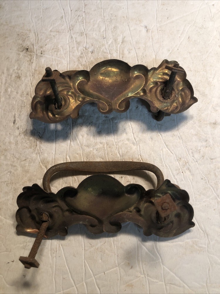 2 ANTIQUE Brass DRAWER PULLS VICTORIAN DROP HANDLE 3” centers
