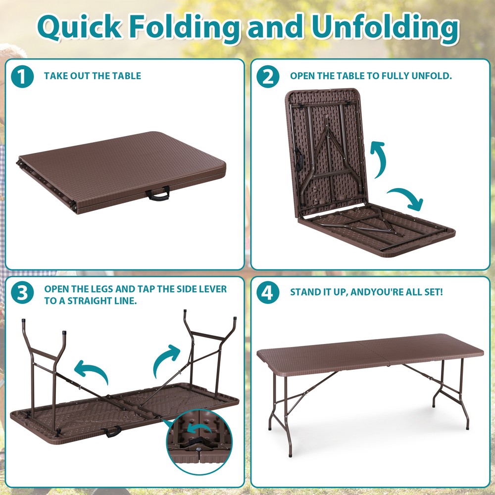 6FT Plastic Folding Table - Folds in Half w/ Carrying Handle Rectangular Brown