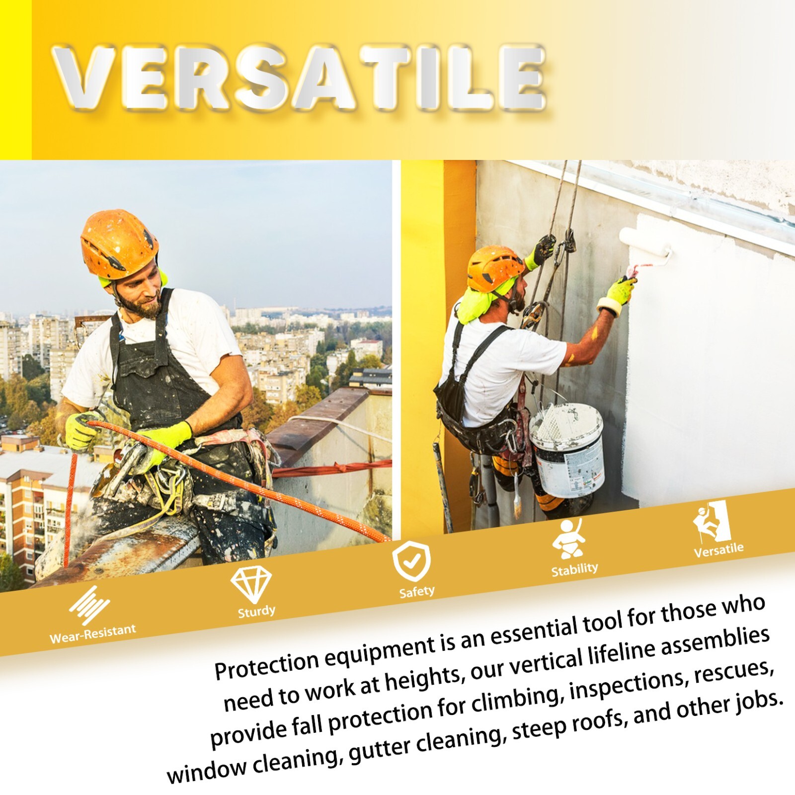 Vertical 50FT Safety Rope with Alloy Steel Grab Snap Hooks Shock Absorber