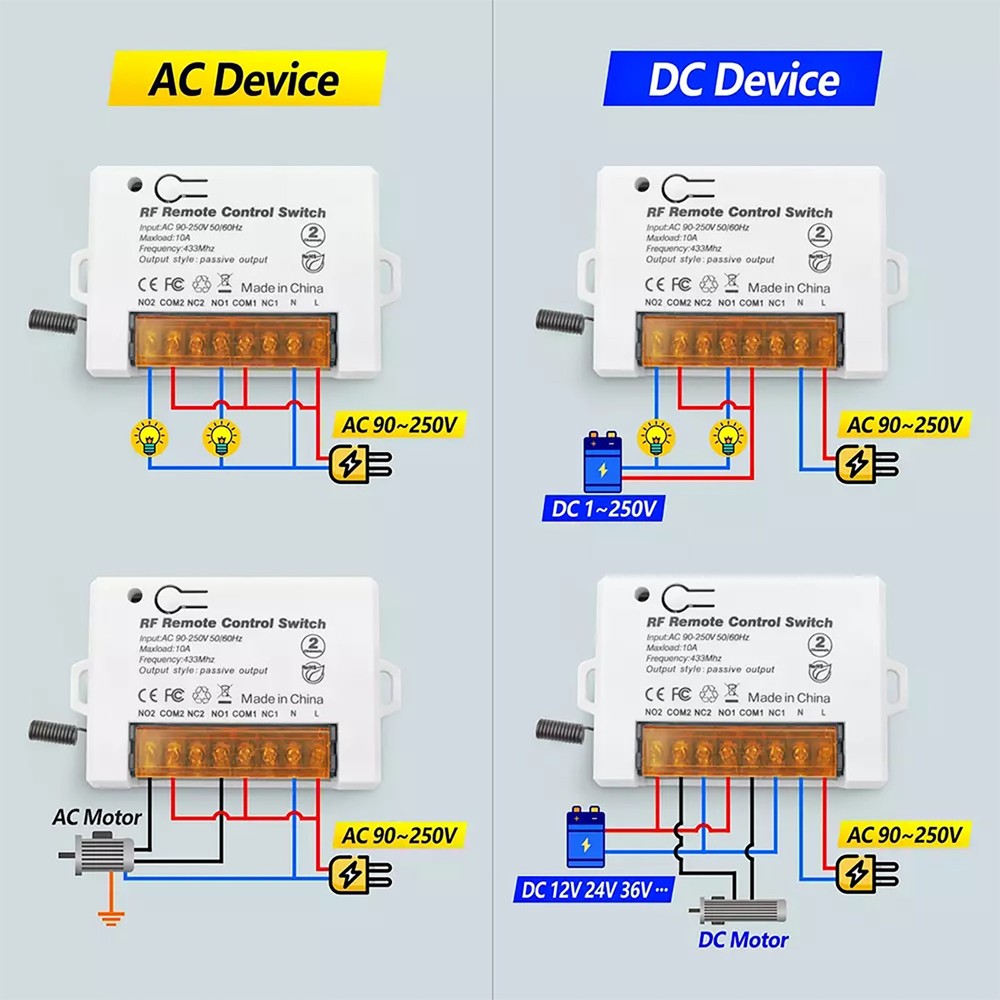 AC90~250V Relay Receiver Wireless Remote Control Switch For Lights Motors