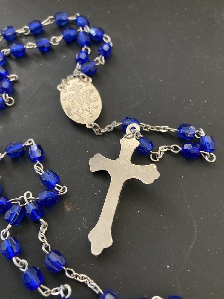 Rosary: Blue Beads w Silver Tone Chain 20”