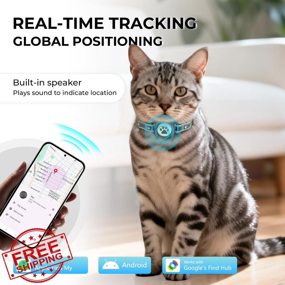 GPS Cat Tracker Collar Mini Bluetooth No Monthly Fee Blue