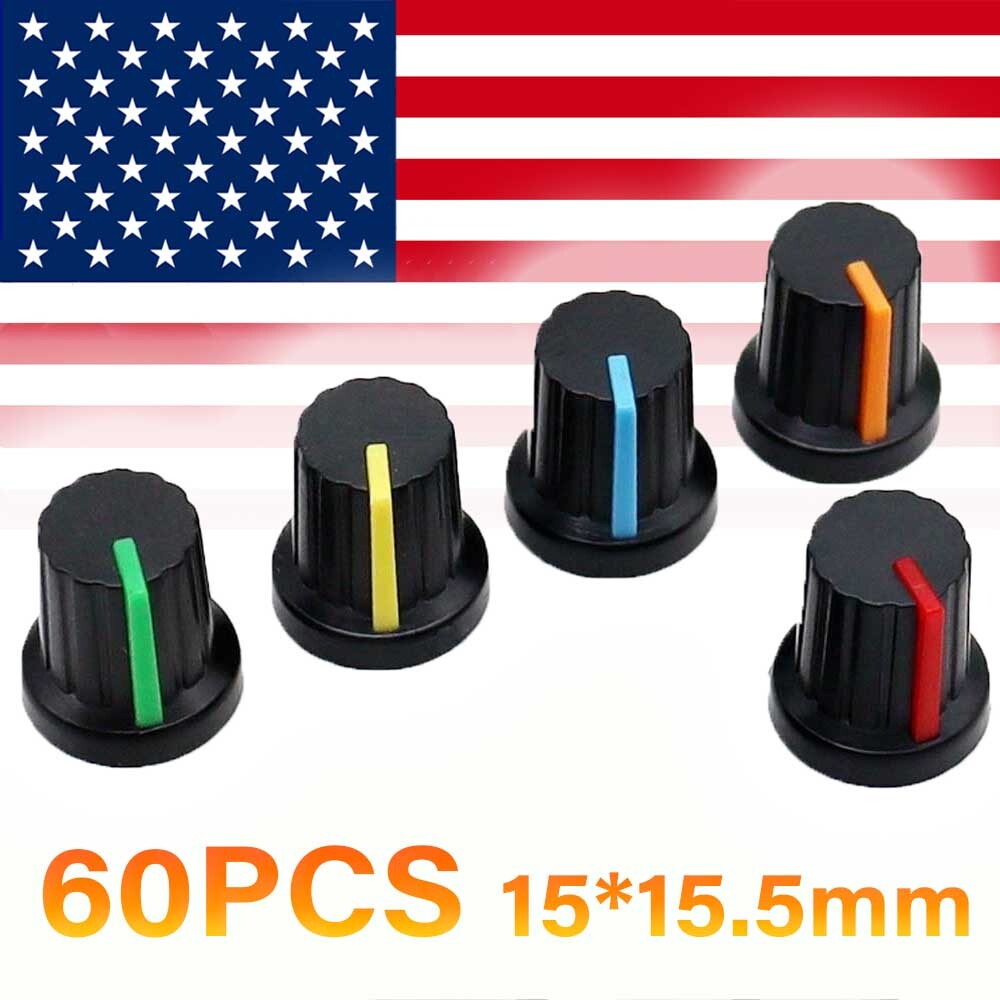 60pcs 6mm Shaft Hole Plastic Threaded Knurled Potentiometer Knobs Cap KIT 15*15