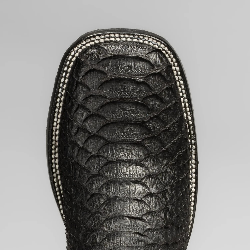 Genuine Leather Exotic Python Snake Print Square Toe Ankle Western Boots - Black