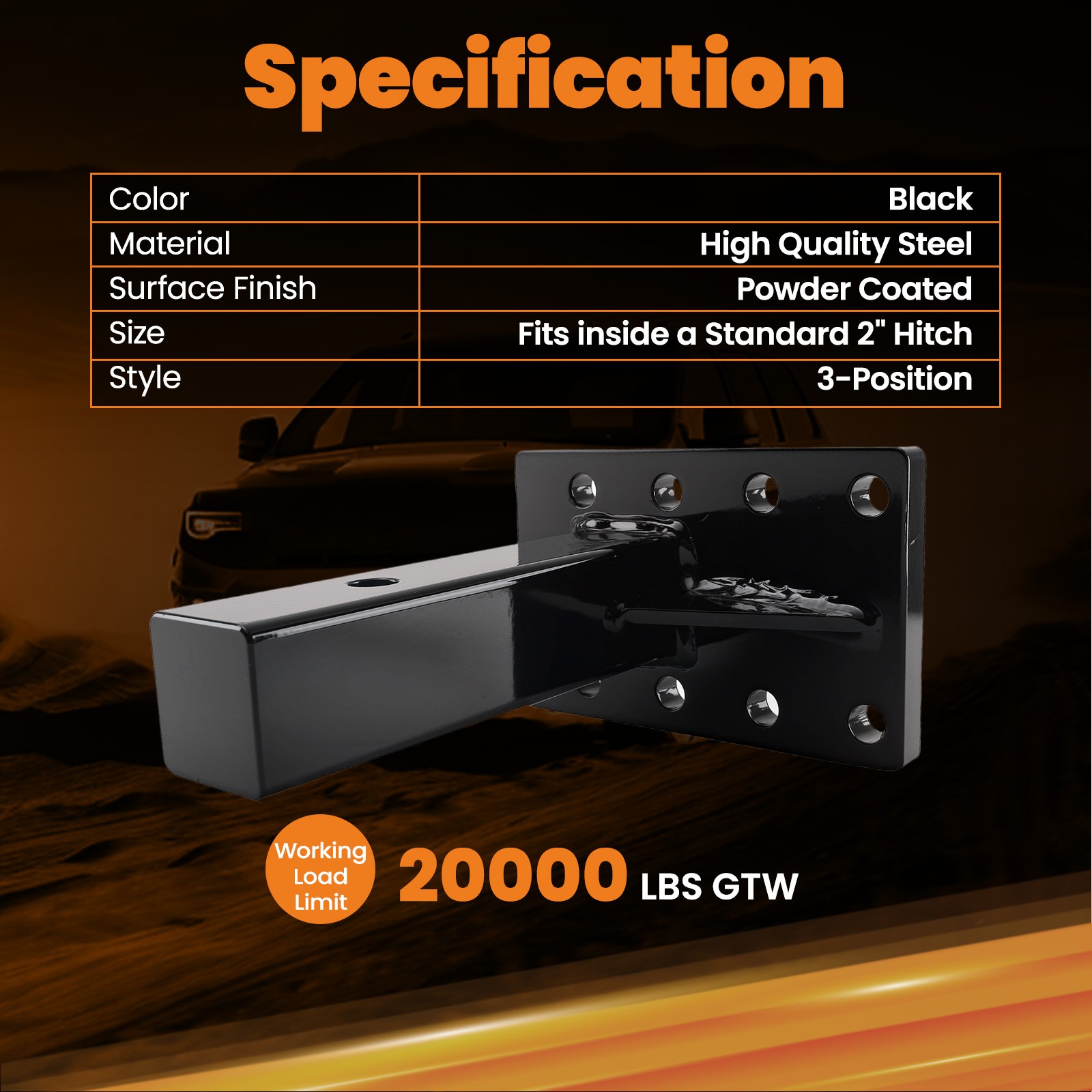 3 Position Pintle Hitch Mount Plate for 2" Hitch Steel 20000 lbs Capacity