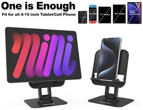 Tablet Stand, Cell Phone Stand for Desk, 360° Rotatable Foldable Adjustable