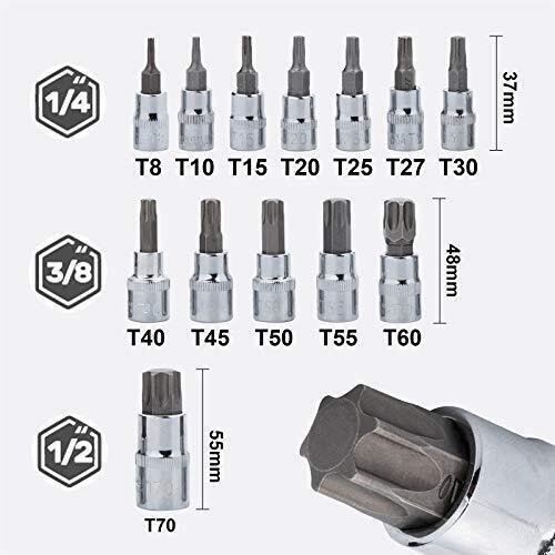 13PCS Drive Torx Bit Socket Set 1/4" 3/8" 1/2" T8-T70 Star Bit Socket Set Tool