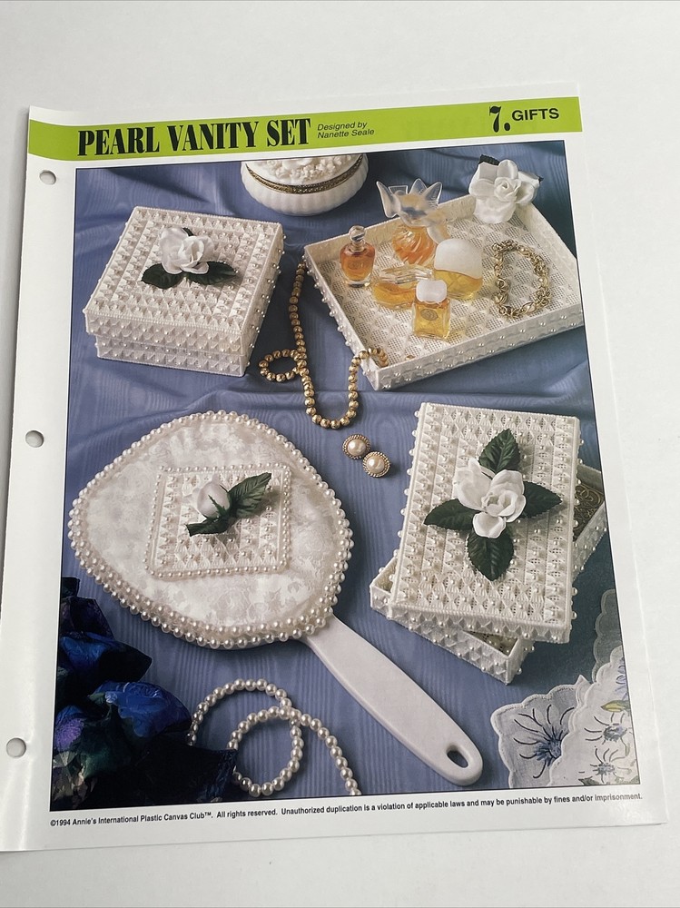 Annie's Attic Pearl Vanity Set Mirror Insert &  Boxes Plastic Canvas Pattern