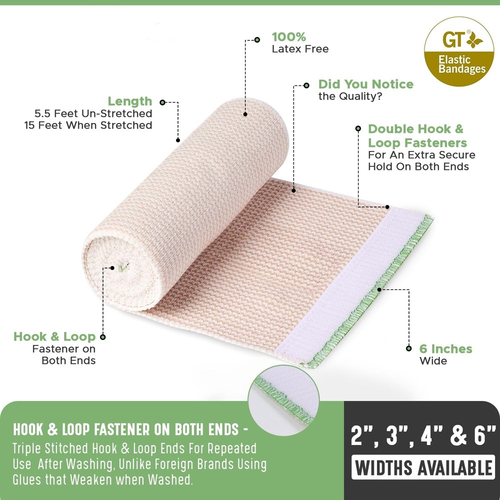 Premium Elastic Bandage Wrap (6" 4 Pack) - Hook & Loop Fasteners at Both Ends...