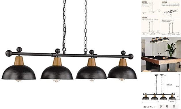 4-Light Pool Table Lights for 7ft/8ft Table, 48" Modern Billiard Llight Black