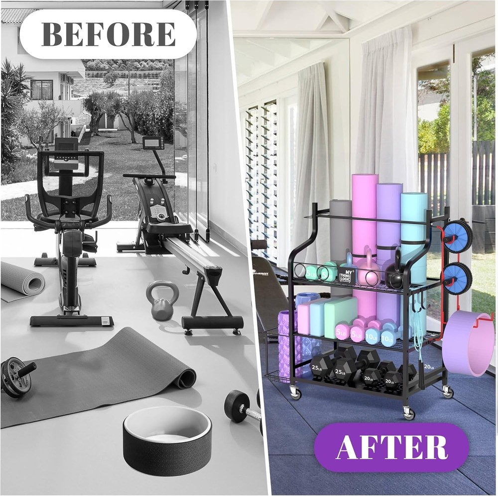 Gym equipment storage rack with hooks and wheels