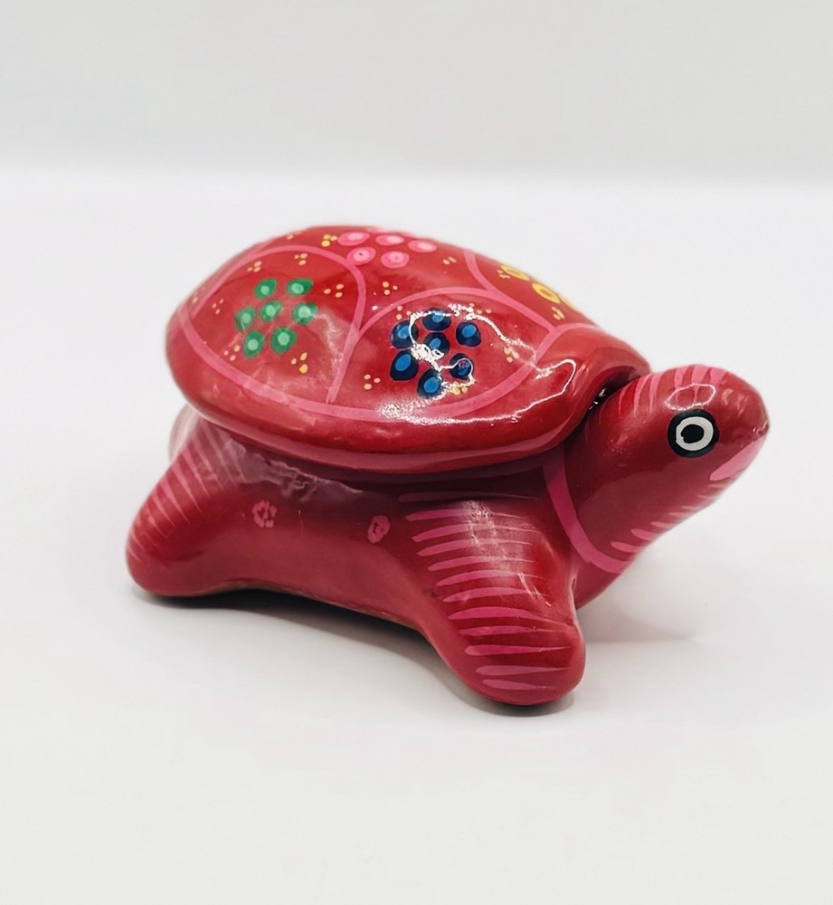 Mexican Pottery 5” Jewelry Trinket Box Hand Painted Ceramic Red Turtle