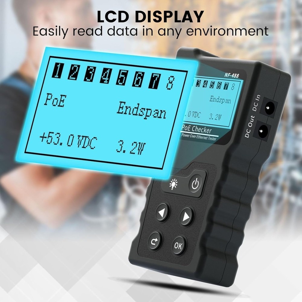 Network Cable Tester with LCD Screen Poe Ethernet Lan Volt Power Supply_