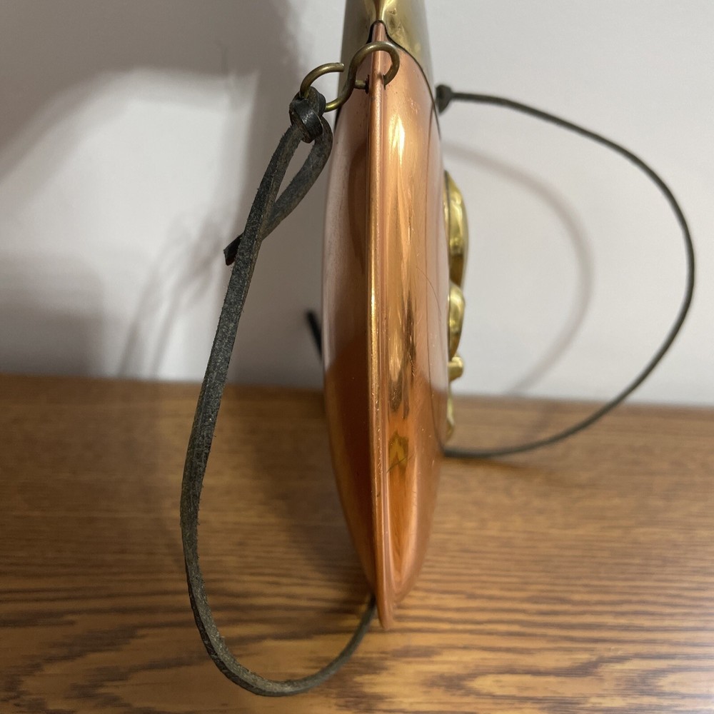 Vintage Solid Brass 2 Tone Fleur de Lys Decor Powder Flask Leather Strap England