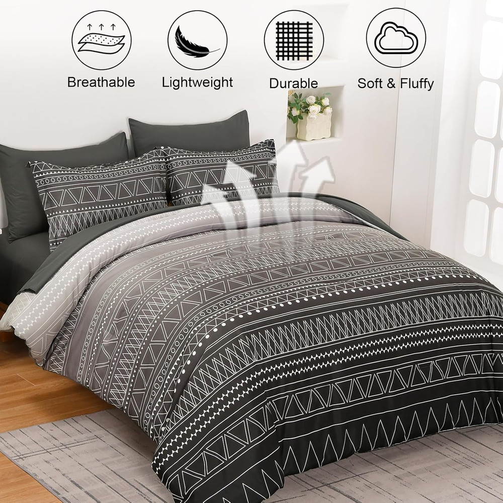 Boho Black Grey Comforter Set Queen Size 7 Piece Stripe Gradient Bed in a Bag Be