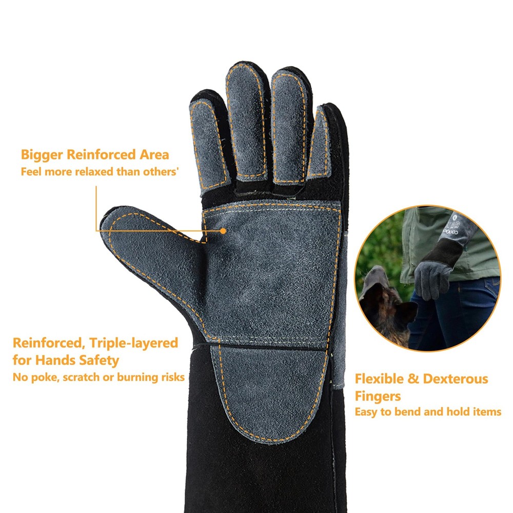 Cowhide Split Leather Bite Proof Gloves for Animal Handling, Reinforced Thorn...