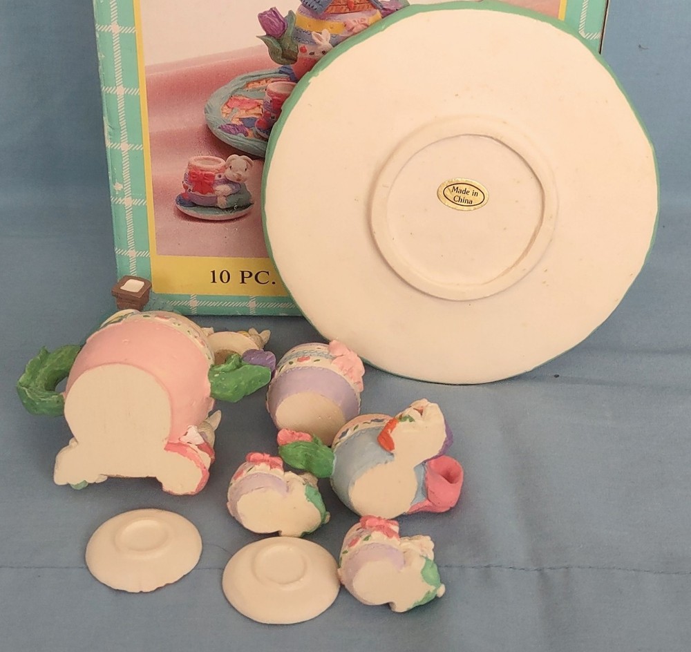 VTG Easter Bunny Miniature Ceramic Tea Set 10 Piece Spring Decor